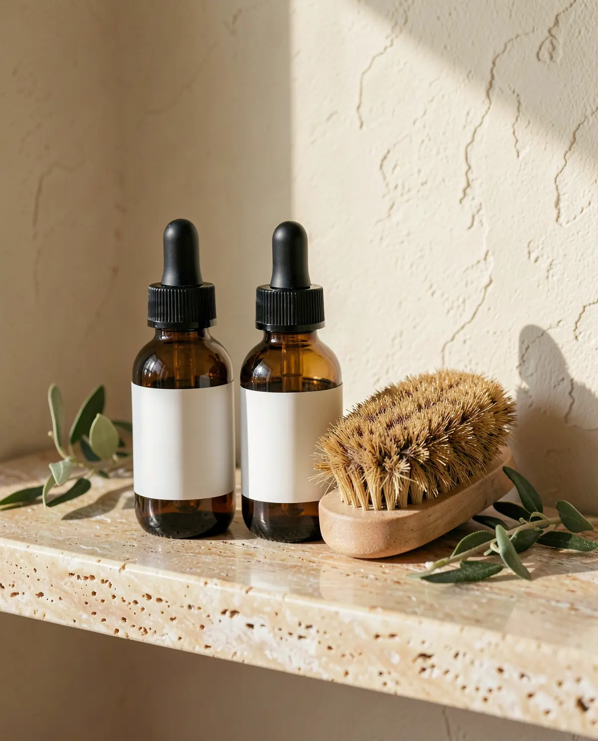 Amber glass bottles and a boar-bristle brush on a travertine shelf (illustrative, generated).