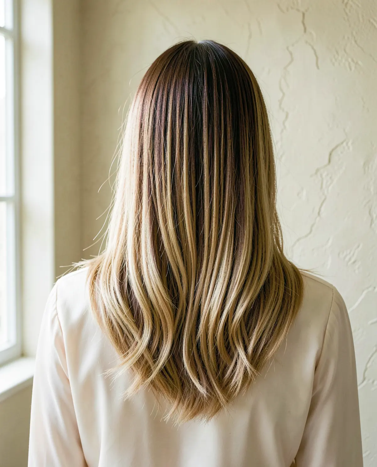 Long brown-to-honey balayage seen from behind against an ivory silk blouse (illustrative, generated).