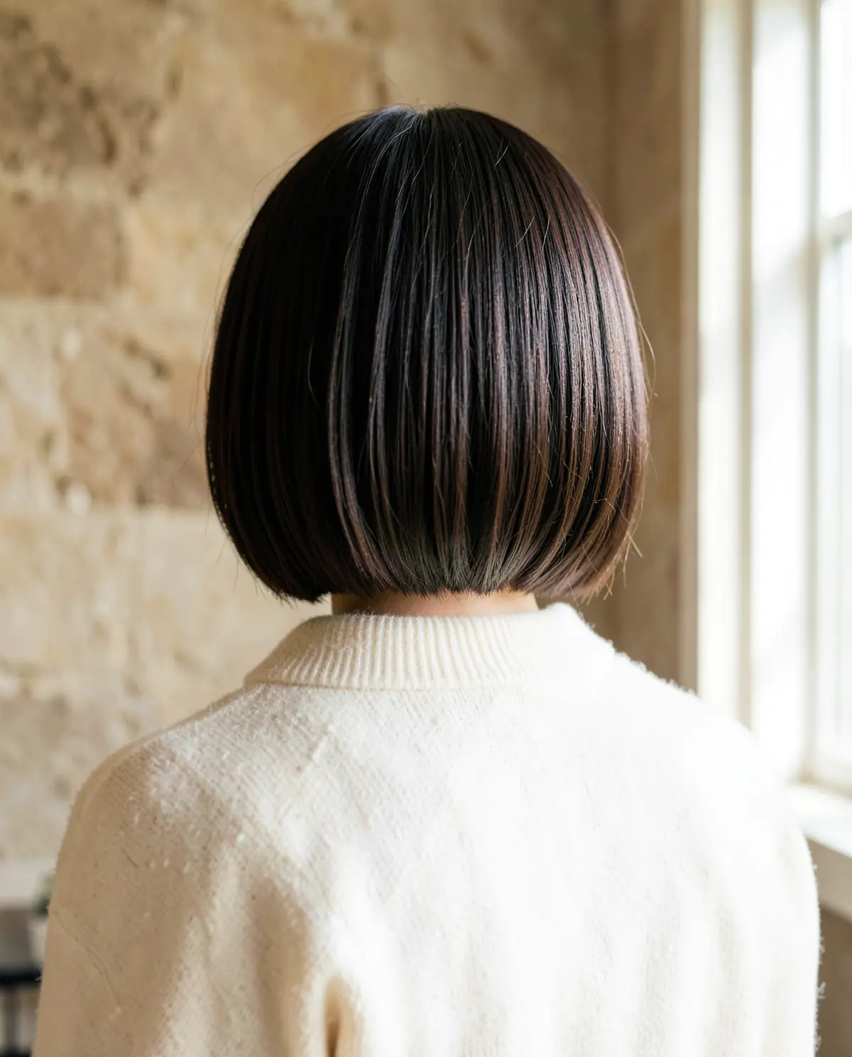 A sleek chin-length brunette bob seen from behind above a cream sweater collar (illustrative, generated).