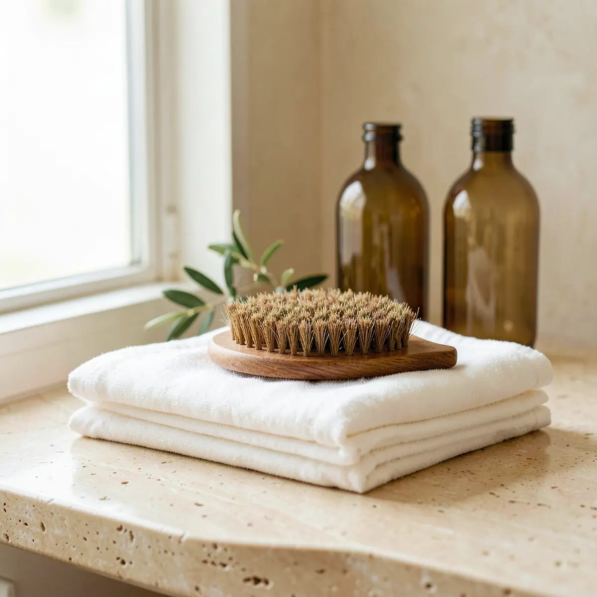 Folded ivory towels with a natural-bristle brush on a travertine counter beside amber bottles (illustrative, generated).
