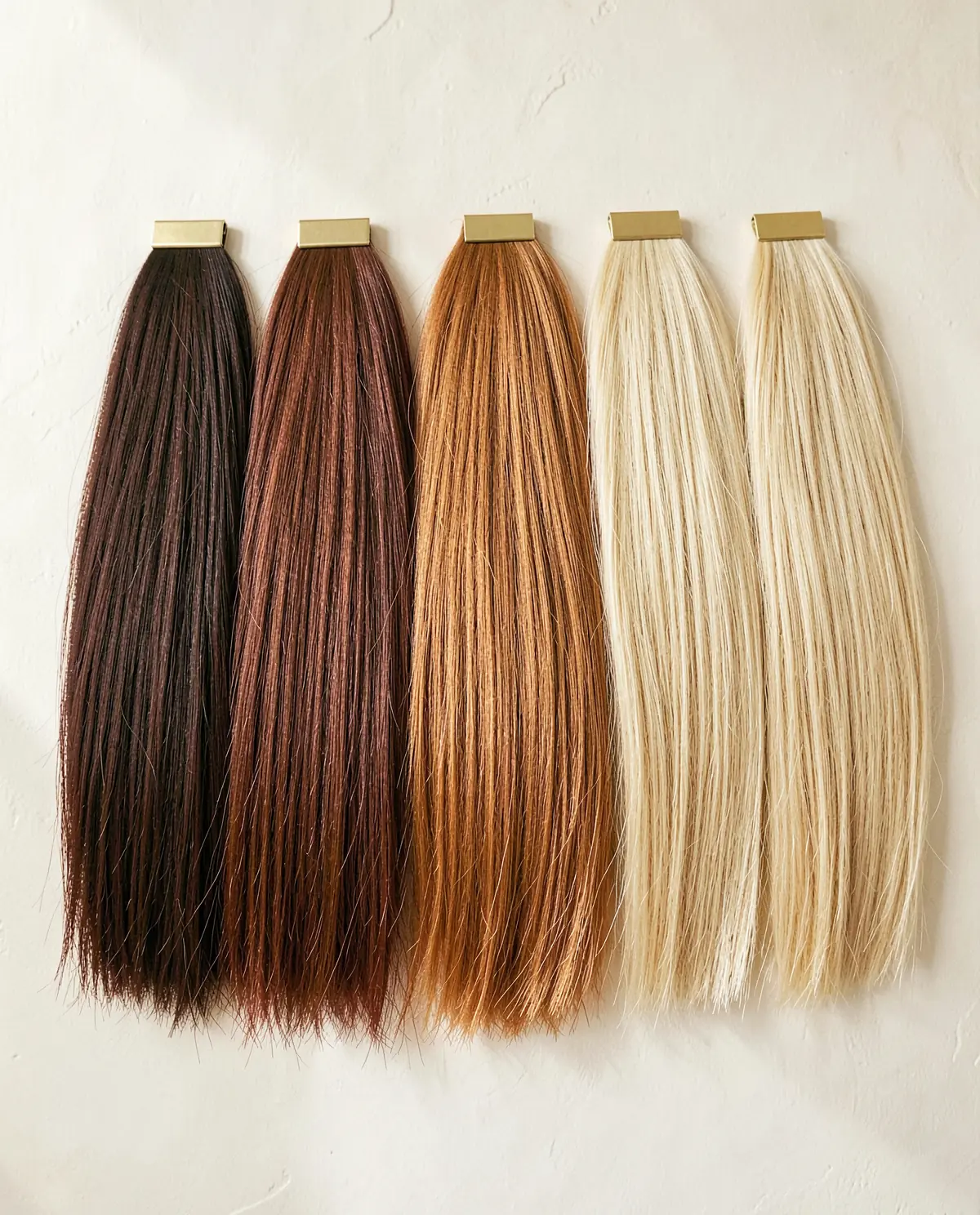 A fan of hair colour swatches from espresso to honey blonde on linen (illustrative, generated).