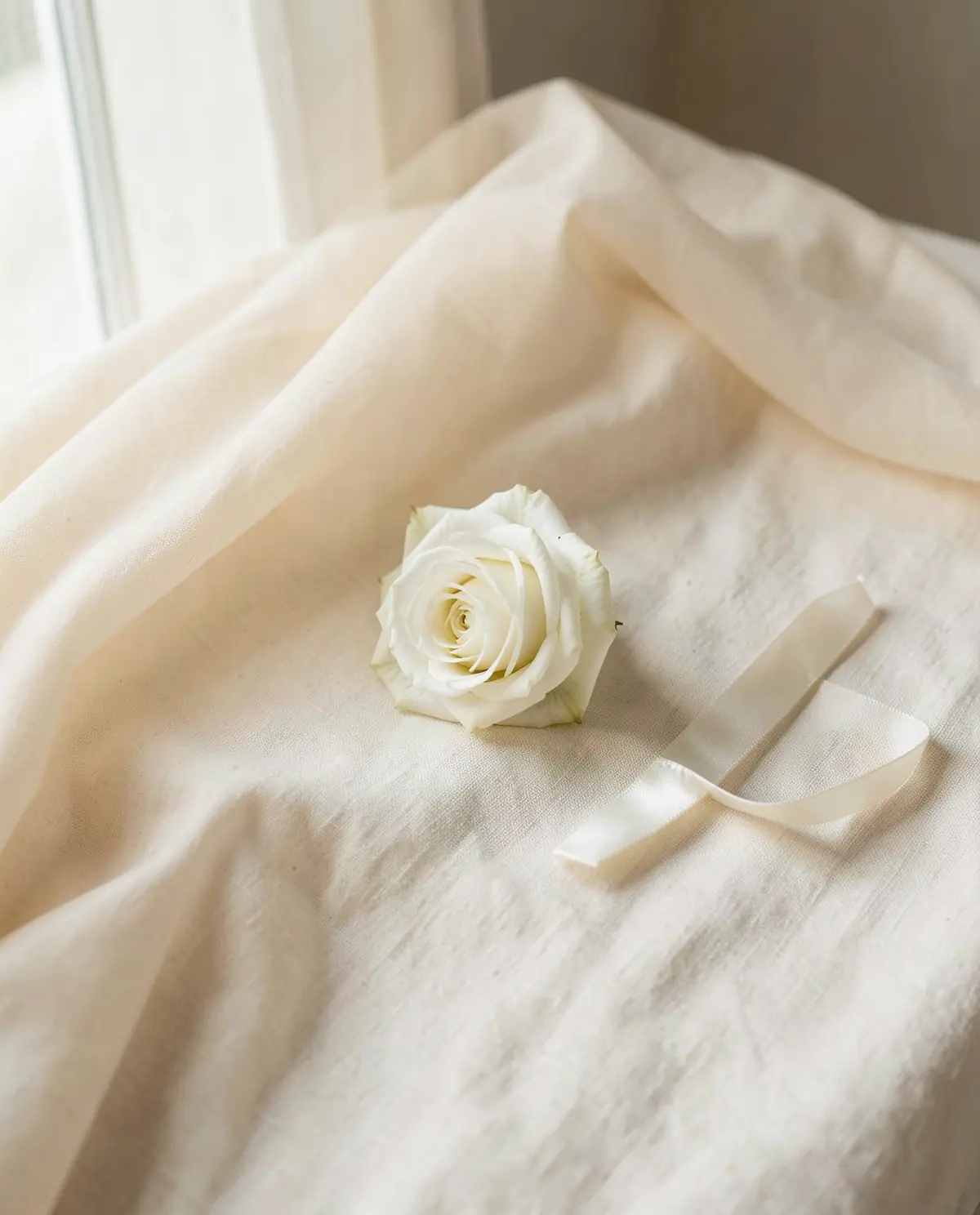 A fold of sheer veil, pearl hair pins and a white rose on ivory linen (illustrative, generated).